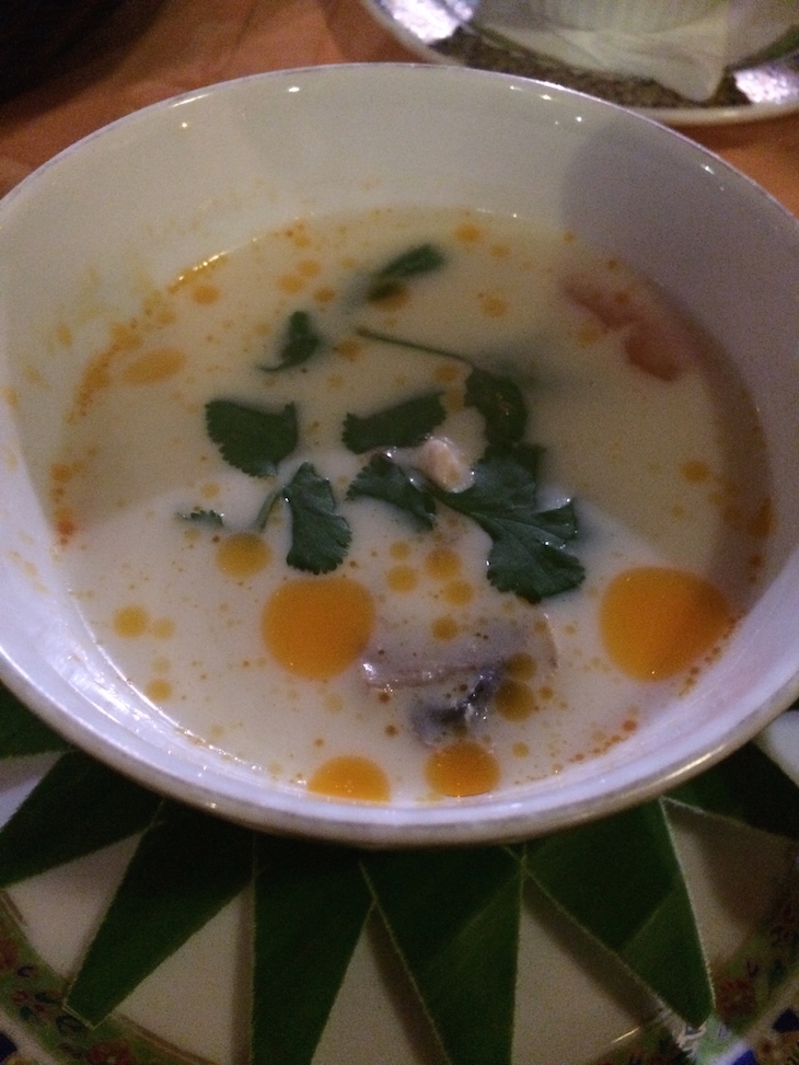 Thai Garden: Sopa Tom Kha Gai (Sopa cremosa de coco com frango, cogumelos, ervas tailandesas, folhas de lima e chili)