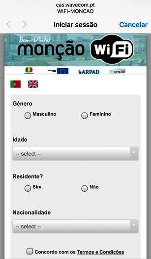 Inscrição no wi-fi de Monção