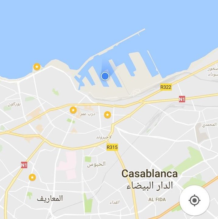 Mapa em Casablanca com cruzeiro MSC Magnifica - o ponto azul é o navio