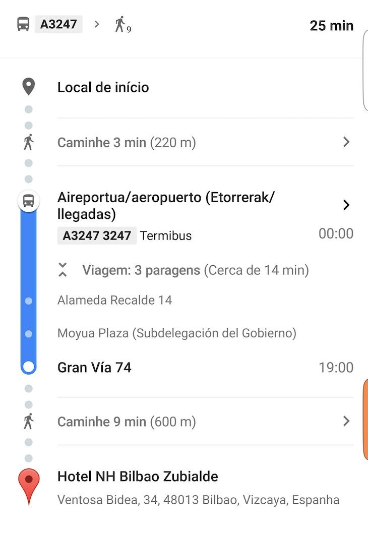 Percurso do autocarro do aeroporto para o hotel em Bilbau © Viaje Comigo