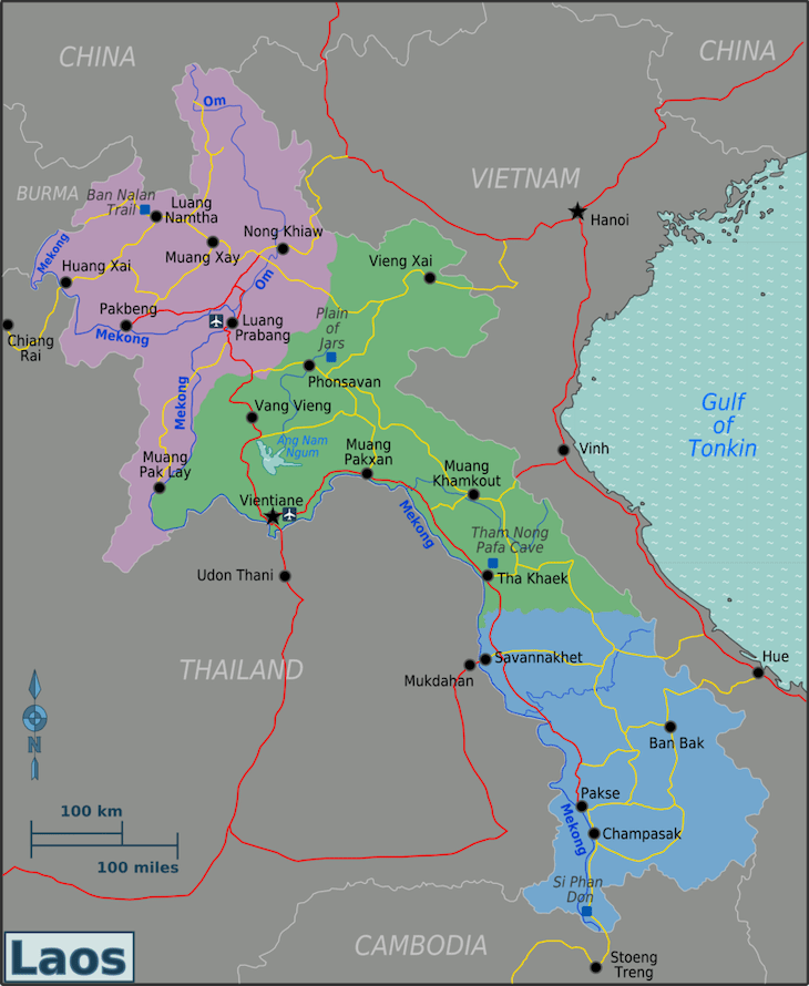 Mapa das regiões do Laos